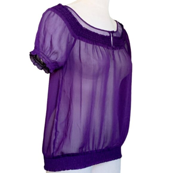EXPRESS Sheer Peasant Style Top Smock Waist Short Sleeve Sz S Plum Purple #16F - Picture 2 of 7